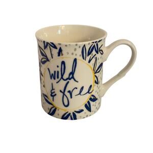 Wild & free coffee tea mug blue & white ceramic
